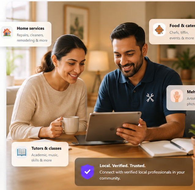 A customer and local service professional reviewing options together, with Orazenn marketplace service categories.